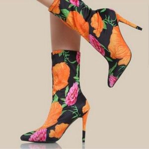 Floral Stiletto Boots - Black and Orange